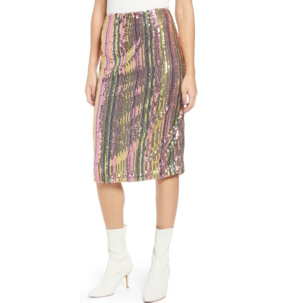 Leith Rainbow Striped Sequin Midi Skirt Size XXS